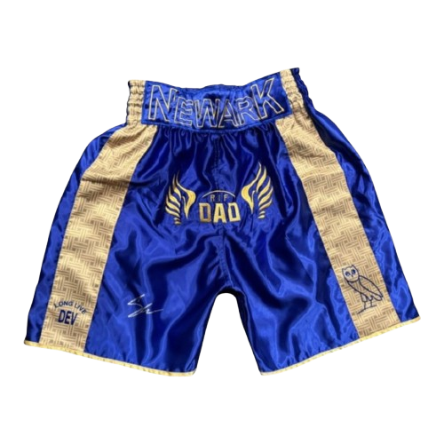 Professional style boxing trunks hand-signed by Shakur Stevenson, featuring high-quality fabric and a Certificate of Authenticity.