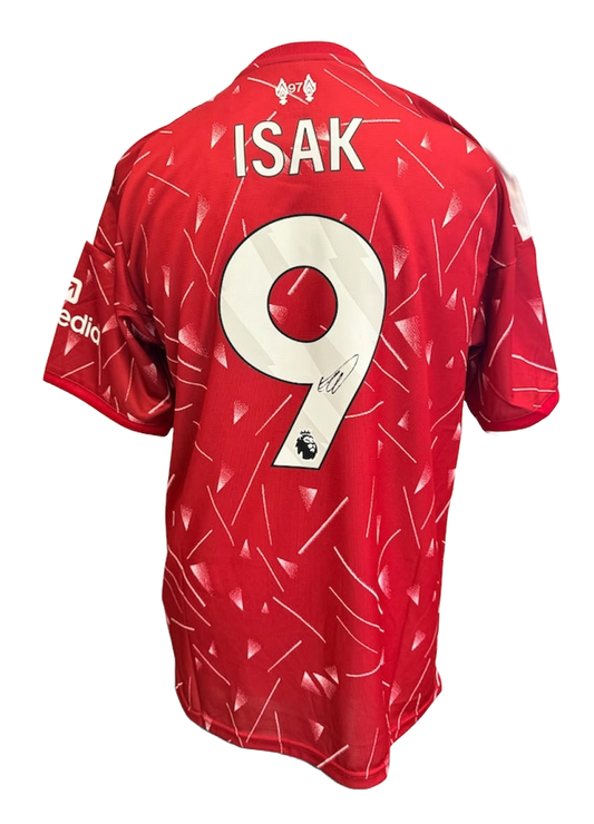 Back view of the signed Alexander Isak Liverpool home shirt autographed cleanly on the squad number