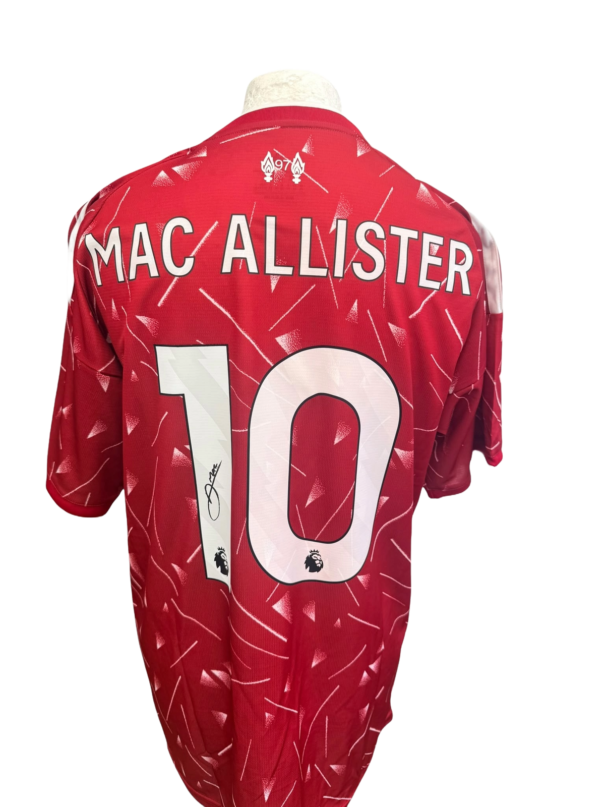 Back view of a 2026/27 Liverpool home shirt hand-signed in permanent marker by Alexis Mac Allister.