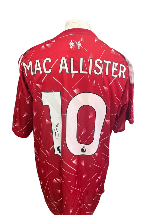 Back view of a 2026/27 Liverpool home shirt hand-signed in permanent marker by Alexis Mac Allister.