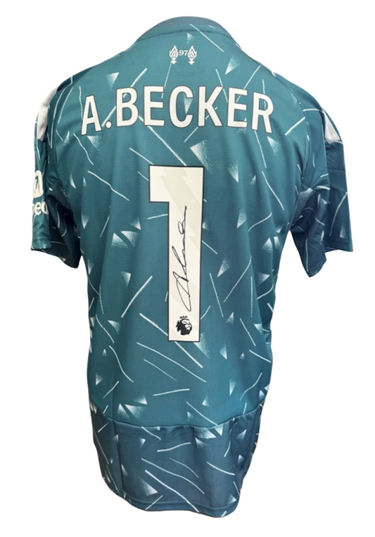 Back view of the signed Alisson Becker Liverpool home goalkeeper shirt 2026/27 displaying player name, squad number, and autograph