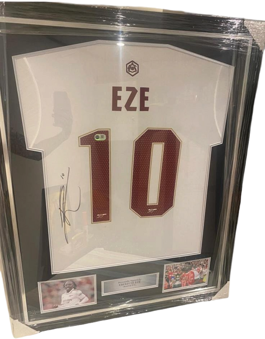 Beautifully framed and signed Eberechi Eze Arsenal third shirt from the 2025/26 title-winning season with a large autograph on the back.