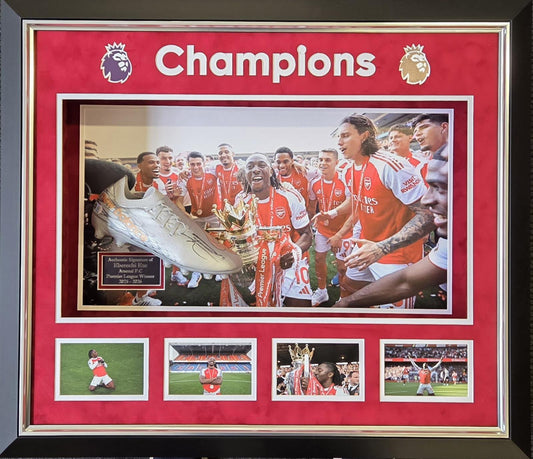 A premium three-dimensional framed display featuring a hand-signed Eberechi Eze football boot alongside a title-winning photo montage, a bespoke plaque, and Champions emblazoned across the top.