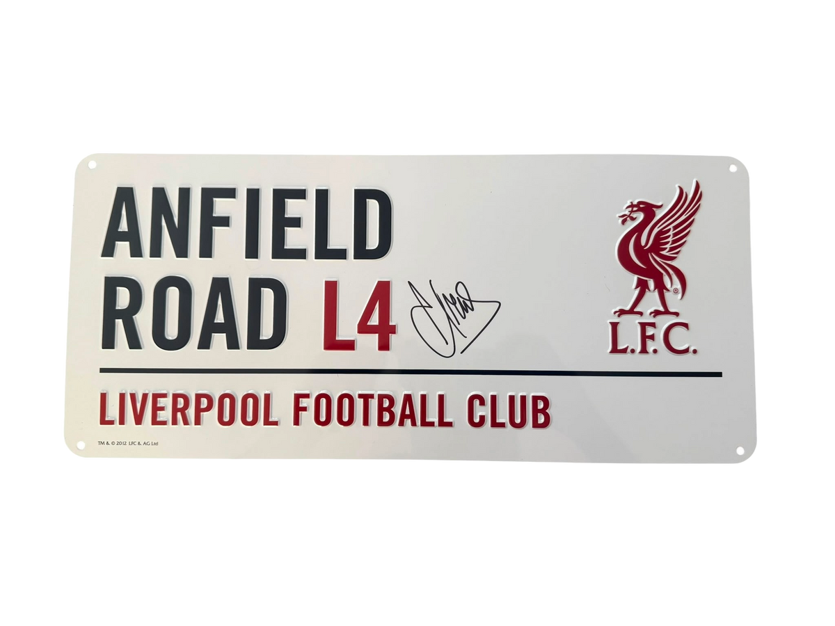 Front view of an enamel Anfield Road Liverpool street sign hand-signed in permanent marker by Andoni Iraola.