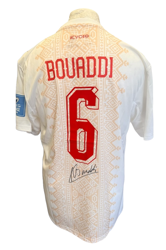 Back view of the signed Ayyoub Bouaddi Morocco away shirt 2026/27 displaying player name, number, and autograph
