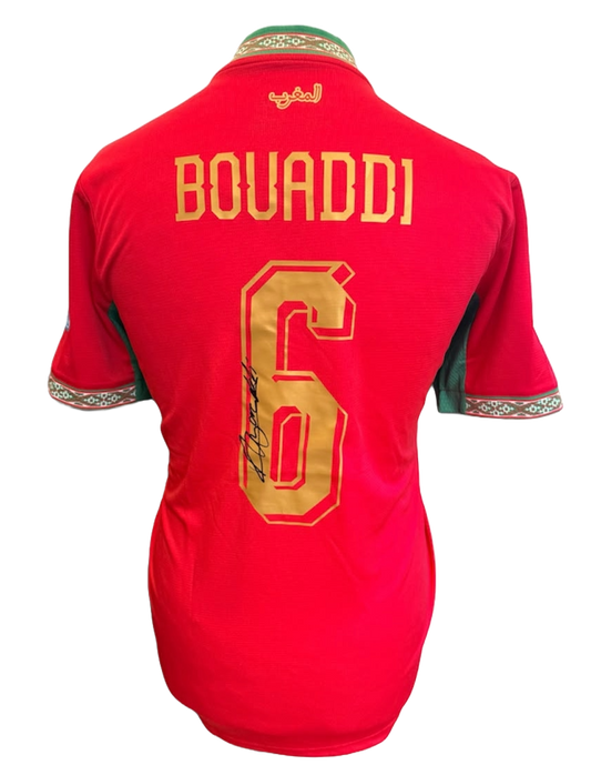 Back view of the signed Ayyoub Bouaddi Morocco home shirt 2026/27 displaying player name, number, and autograph