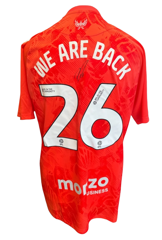 Back view of the signed Bobby Thomas Coventry City away shirt 2025/26 with We Are Back 26 promotion printing and player autograph