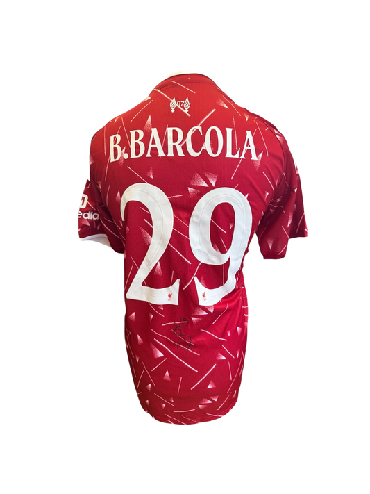 Back view of the signed Bradley Barcola Liverpool home shirt 2026/27 displaying player name, squad number, and autograph