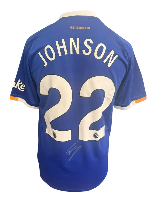Back view of a royal blue 2026/27 Everton home shirt hand-signed in permanent marker by Brennan Johnson.