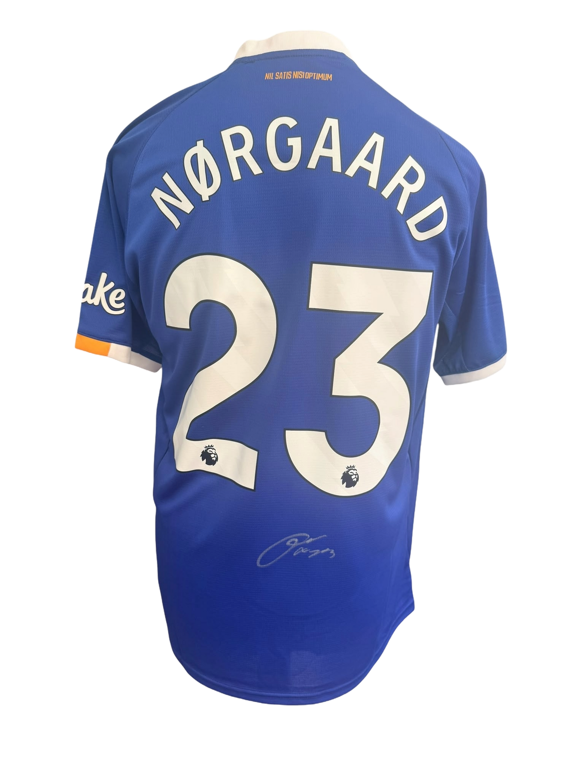 Back view of a royal blue 2026/27 Everton home shirt hand-signed in permanent marker by Christian Norgaard.