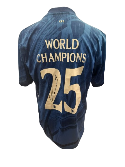 Hand-signed Cole Palmer Chelsea home shirt showing the clear authentic autograph on the back of the blue jersey with white World Champions 25 typography.