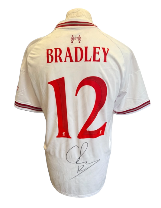 Back view of the signed Conor Bradley Liverpool away shirt 2026/27 featuring a large autograph across the lower back fabric