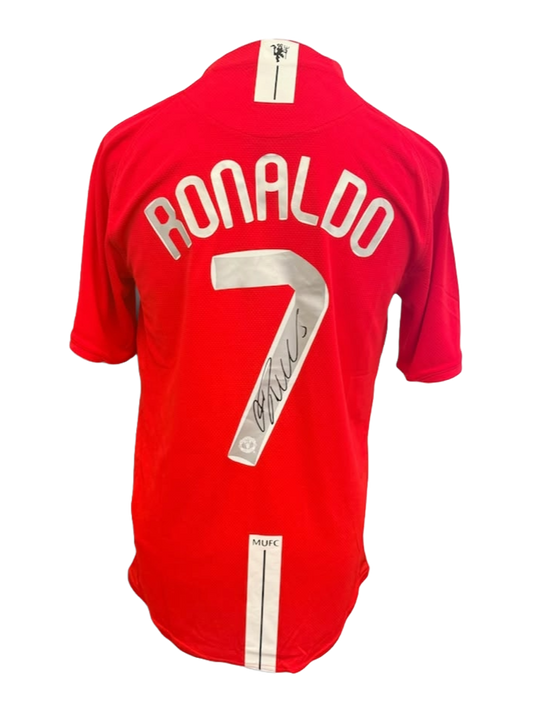 Alt Text: Back view of the signed Cristiano Ronaldo Manchester United home shirt 2007/08 displaying the iconic number 7 and hand-signed autograph