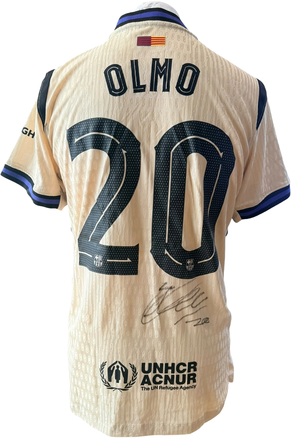 Unframed hand-signed Dani Olmo Barcelona 2025/26 away shirt displaying the autograph on the back of the shirt.