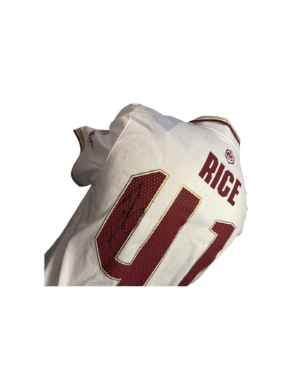 Hand-signed Declan Rice Arsenal 2025/26 white third shirt featuring official club font and nostalgic Art Deco tonal patterns.