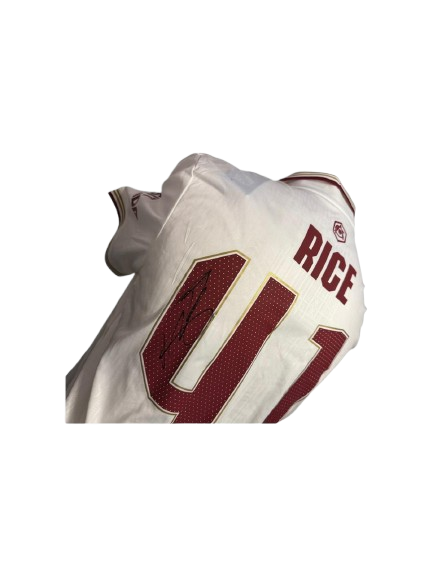 Hand-signed Declan Rice Arsenal 2025/26 white third shirt featuring official club font and nostalgic Art Deco tonal patterns.