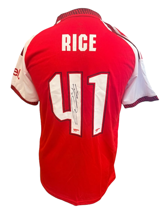 Back view of the signed Declan Rice Arsenal home shirt 2026/27 displaying number 41 in custom club font with autograph on the rear number