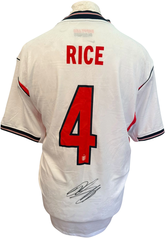 authentic signed Declan Rice England World Cup 2026 shirt with a clear autograph on the back of the shirt