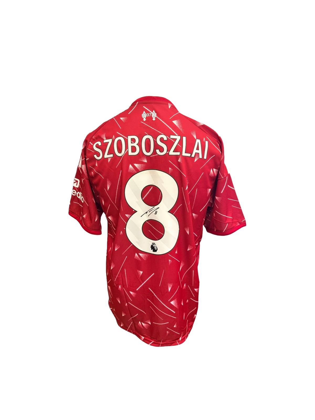Back view of the signed Dominik Szoboszlai Liverpool home shirt 2026/27 showing player name and squad number