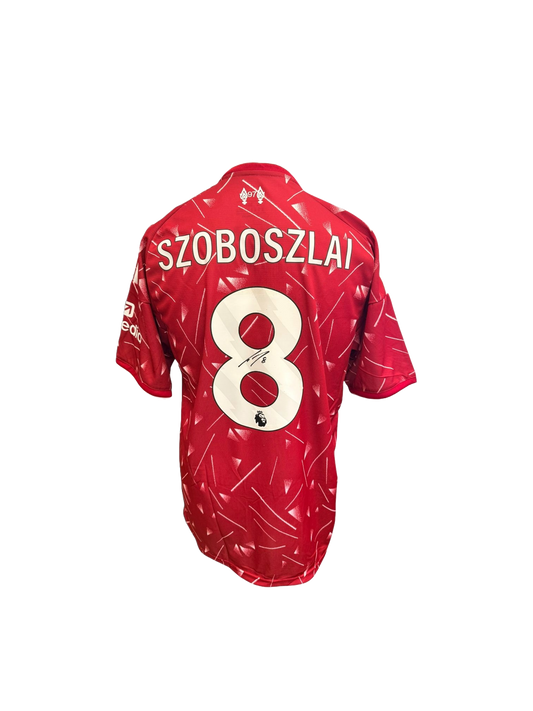 Back view of the signed Dominik Szoboszlai Liverpool home shirt 2026/27 showing player name and squad number
