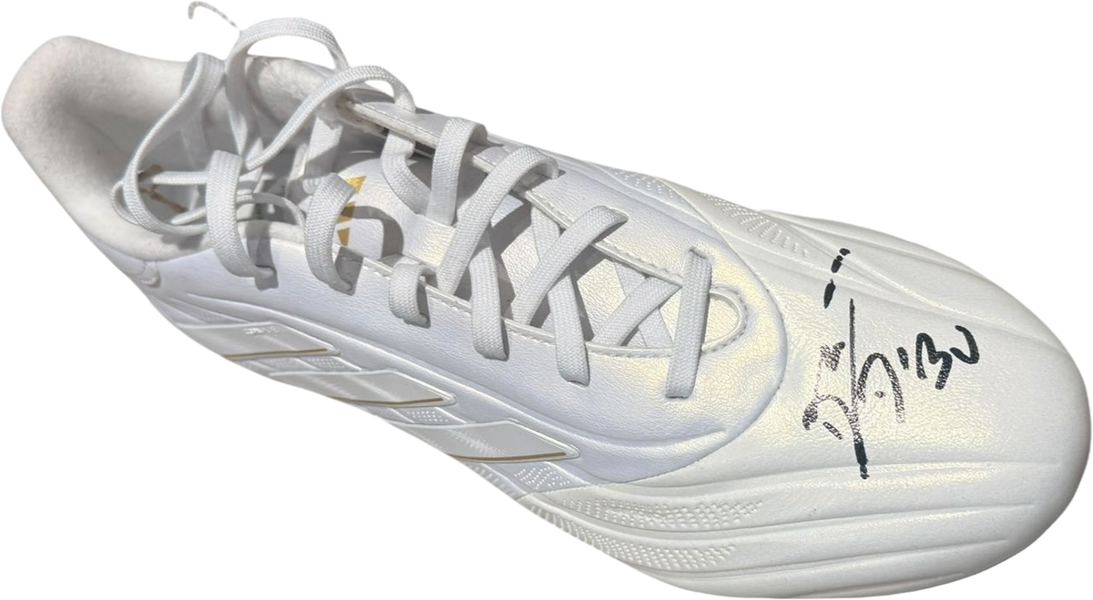 Alternate view of the right boot showing the design, premium materials, and studs of the Emiliano Martinez autographed footwear.