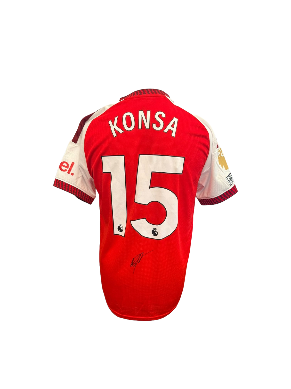 Back view of the signed Ezri Konsa Arsenal home shirt 2026/27 with Premier League font printing showing player autograph