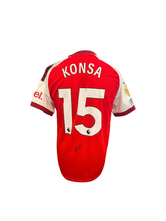 Back view of the signed Ezri Konsa Arsenal home shirt 2026/27 with Premier League font printing showing player autograph