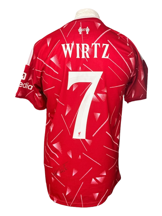 Rear view of the signed Florian Wirtz Liverpool home shirt 2026/27 displaying a hand-signed autograph near the bottom hem