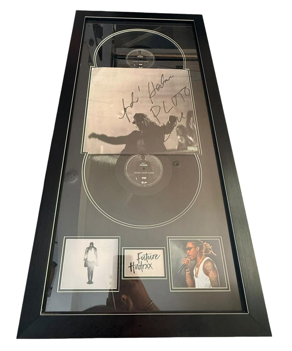 Signed and framed Future Hendrix High Off Life vinyl album sleeve with double records, two photos, and bespoke plaque.
