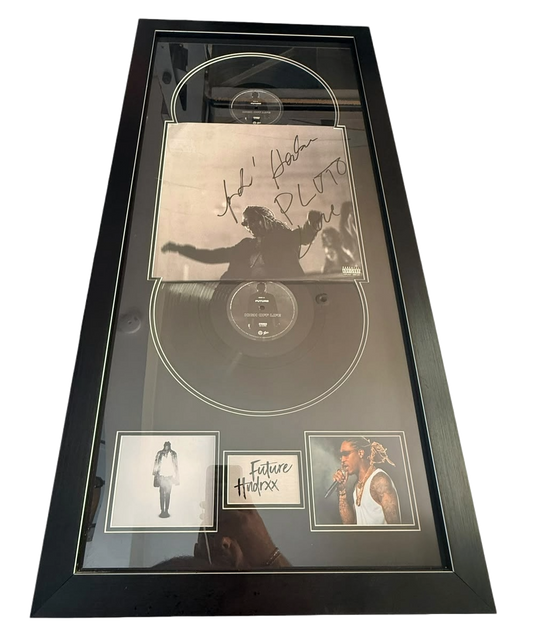 Signed and framed Future Hendrix High Off Life vinyl album sleeve with double records, two photos, and bespoke plaque.