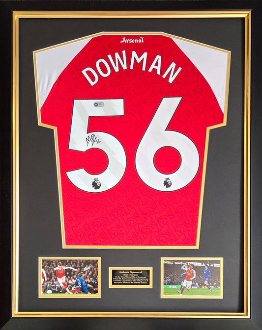 Signed and framed Max Dowman rookie season Arsenal home shirt 2025/26 with two match action images