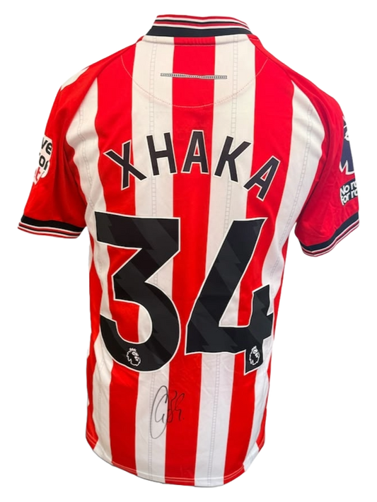 Back view of the signed Granit Xhaka Sunderland shirt 2025/26 displaying a clear hand-signed autograph on the rear of the shirt