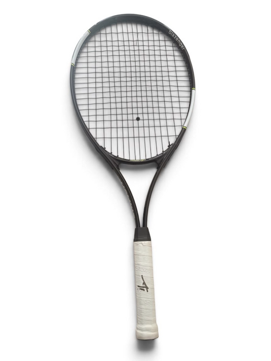 Full view of the signed Jannik Sinner tennis racket showcasing the hand-signed autograph clearly across the handle grip