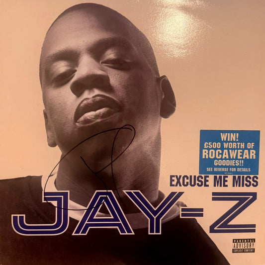 Front view of the original 2003 Excuse Me Miss vinyl sleeve hand-signed on the front cover by artist Jay-Z, displayed alongside the Certificate of Authenticity.