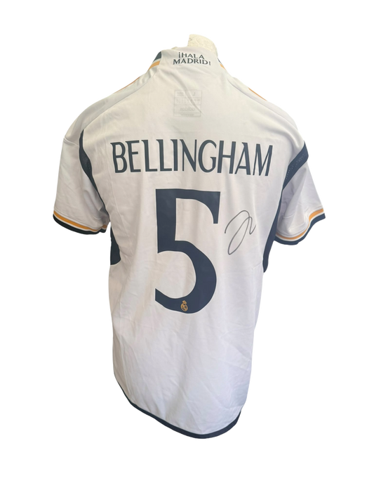 Back view of a 2023/24 Real Madrid home shirt hand-signed in permanent marker by Jude Bellingham.