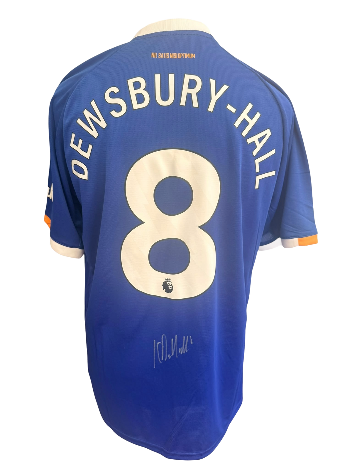 Back view of a royal blue 2026/27 Everton home shirt hand-signed in permanent marker by Kiernan Dewsbury-Hall.
