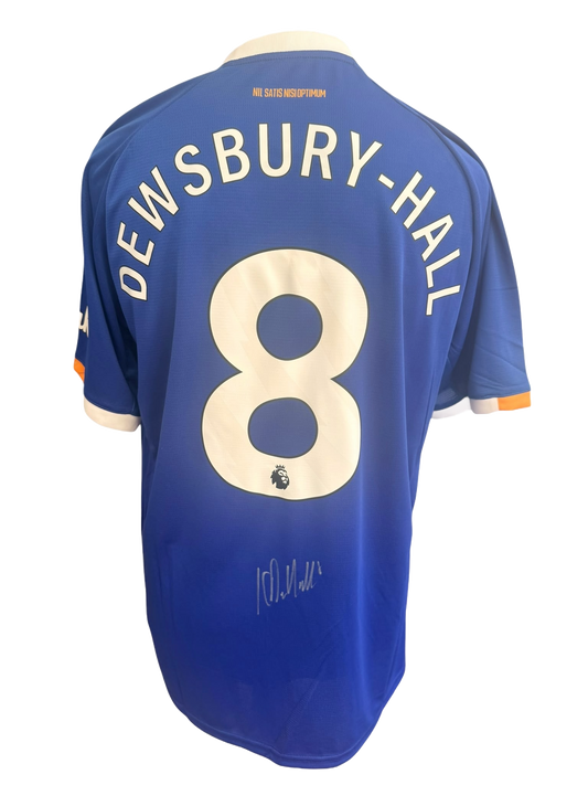 Back view of a royal blue 2026/27 Everton home shirt hand-signed in permanent marker by Kiernan Dewsbury-Hall.