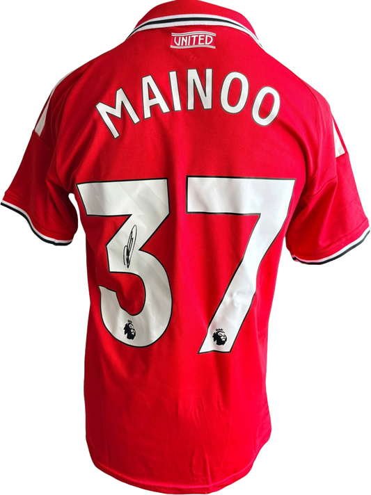 Authentic hand-signed Kobbie Mainoo Manchester United home jersey from the 2026/27 season featuring a clear signature on the front.