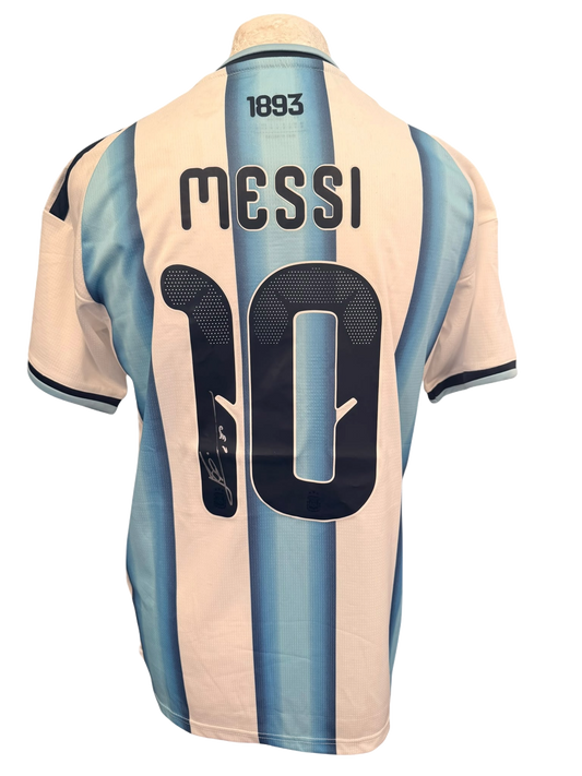 Back view of the 2026 Argentina World Cup shirt hand-signed in bold permanent marker on the squad number by Lionel Messi.