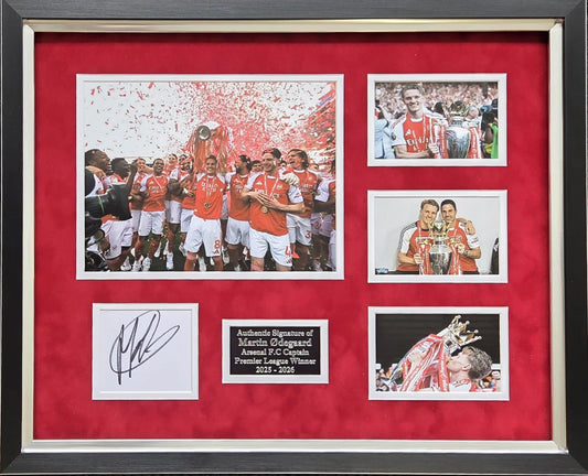 Martin Odegaard signed photo montage featuring images of the captain lifting the 2025/26 Premier League trophy, an engraved plaque, and an authentic autograph on card.