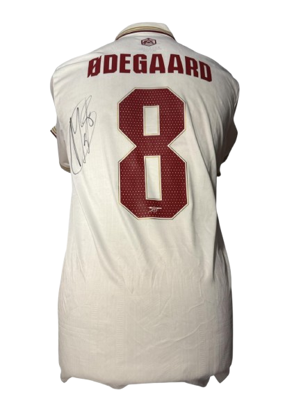 Authentic Martin Odegaard hand-signed Arsenal 2025/26 white third shirt with official club font lettering and Premier League patch.