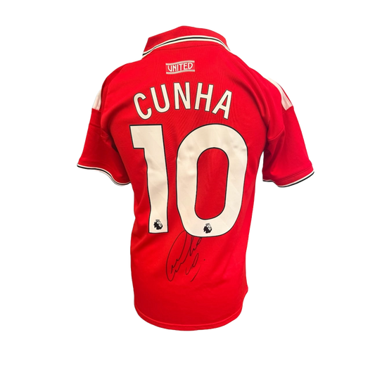 Back view of the signed Matheus Cunha Manchester United home shirt 2026/27 displaying a large hand-signed autograph across the back fabric