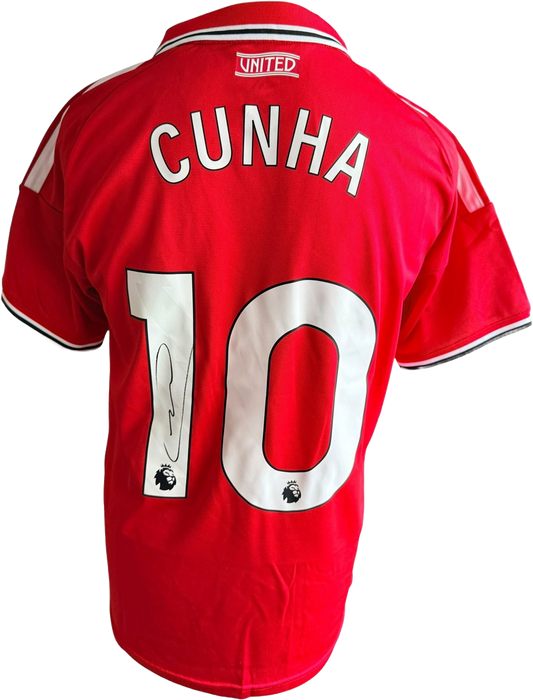 Authentic hand-signed Matheus Cunha Manchester United home jersey from the 2026/27 season featuring a clear signature on the front.