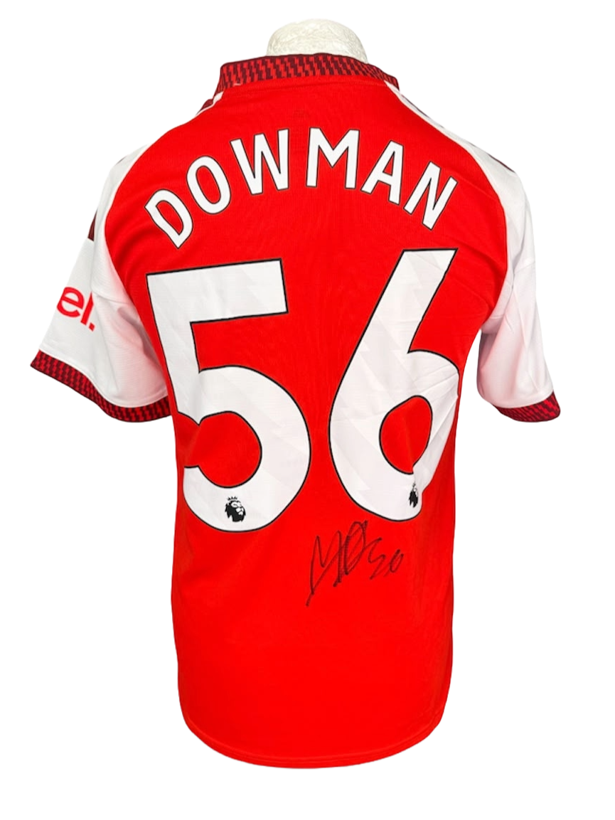 Back view of the signed Max Dowman Arsenal home shirt 2026/27 displaying the Premier League font name and number with a hand-signed autograph
