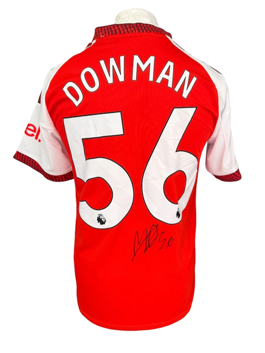 Back view of the signed Max Dowman Arsenal home shirt 2026/27 displaying the Premier League font name and number with a hand-signed autograph