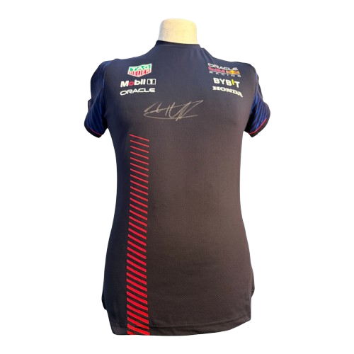 Official navy Oracle Red Bull Racing team shirt hand-signed by Max Verstappen in bold ink on the chest.