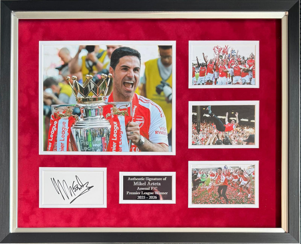 Mikel Arteta signed photo montage featuring images of the manager celebrating the 2025/26 Premier League trophy win, an engraved plaque, and an authentic autograph on card.