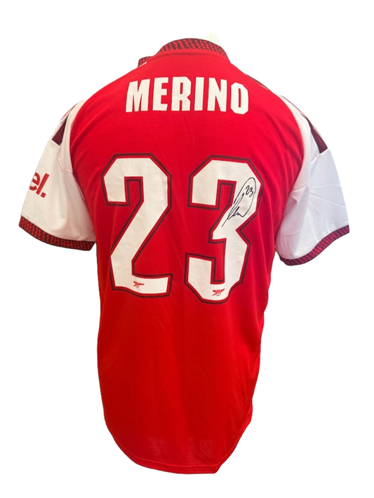 Back view of the signed Mikel Merino Arsenal home shirt 2026/27 featuring custom club font and autograph across the rear squad number