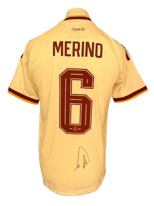 Back view of the signed Mikel Merino Spain away shirt displaying a clear hand-signed autograph on the back of the jersey celebrating the 2026 World Cup victory