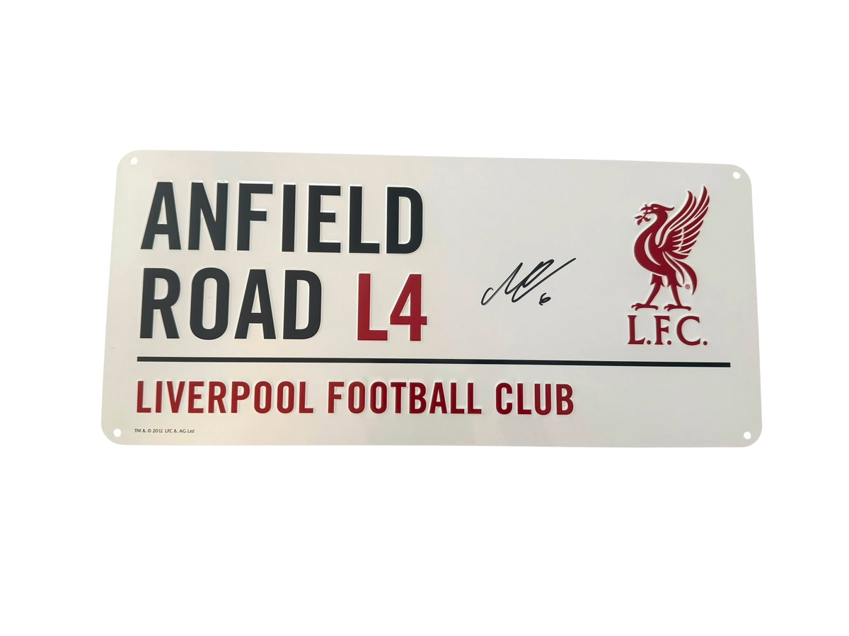 Front view of an enamel Anfield Road Liverpool street sign hand-signed in permanent marker by Milos Kerkez.